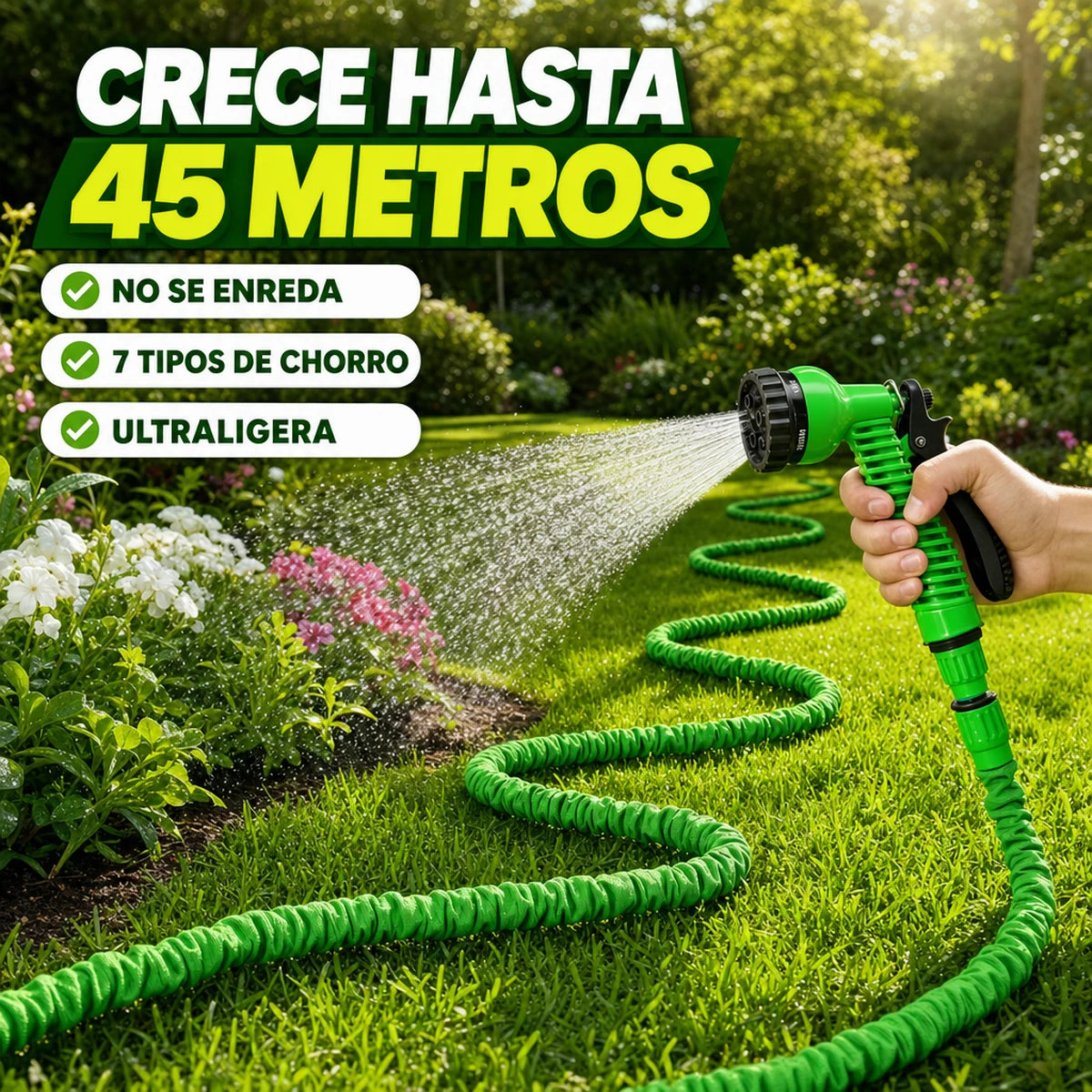 Manguera Mágica expandible de 45 m con pistola de 7 funciones